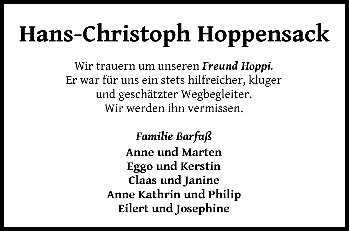  Traueranzeige für Hans-Christoph Hoppensack vom 18.11.2023 aus WESER-KURIER