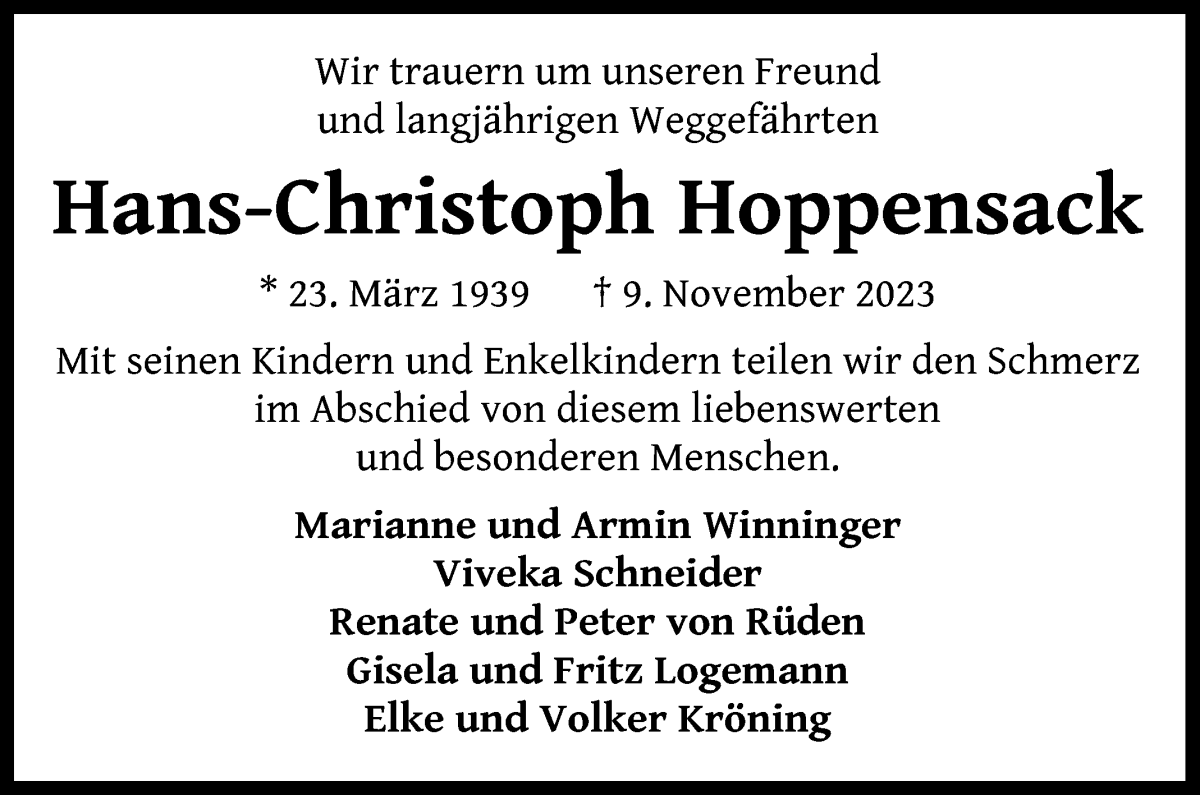  Traueranzeige für Hans-Christoph Hoppensack vom 18.11.2023 aus WESER-KURIER