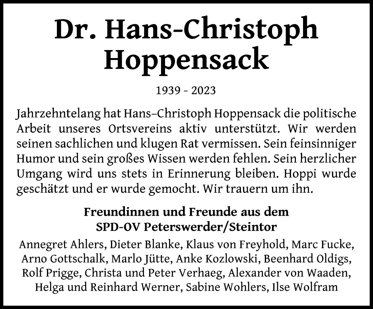  Traueranzeige für Hans-Christoph Hoppensack vom 18.11.2023 aus WESER-KURIER