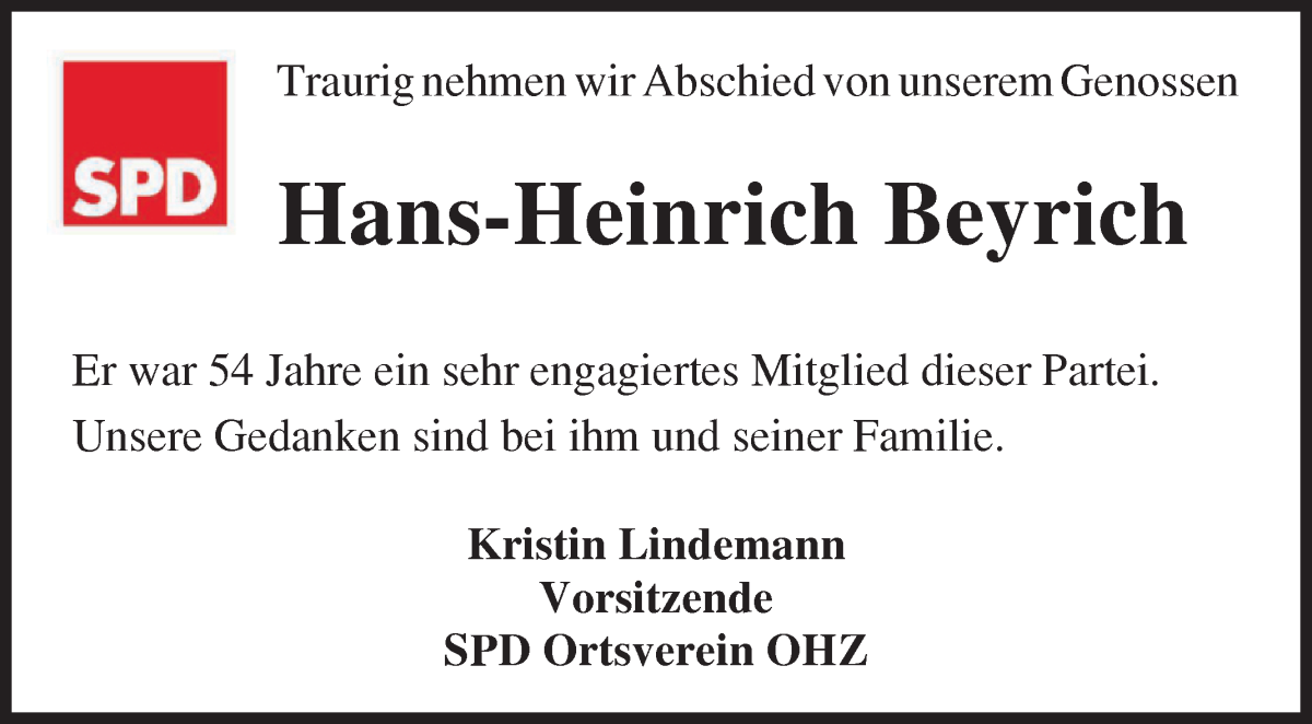 Traueranzeige von Hans-Heinrich Beyrich von Osterholzer Kreisblatt