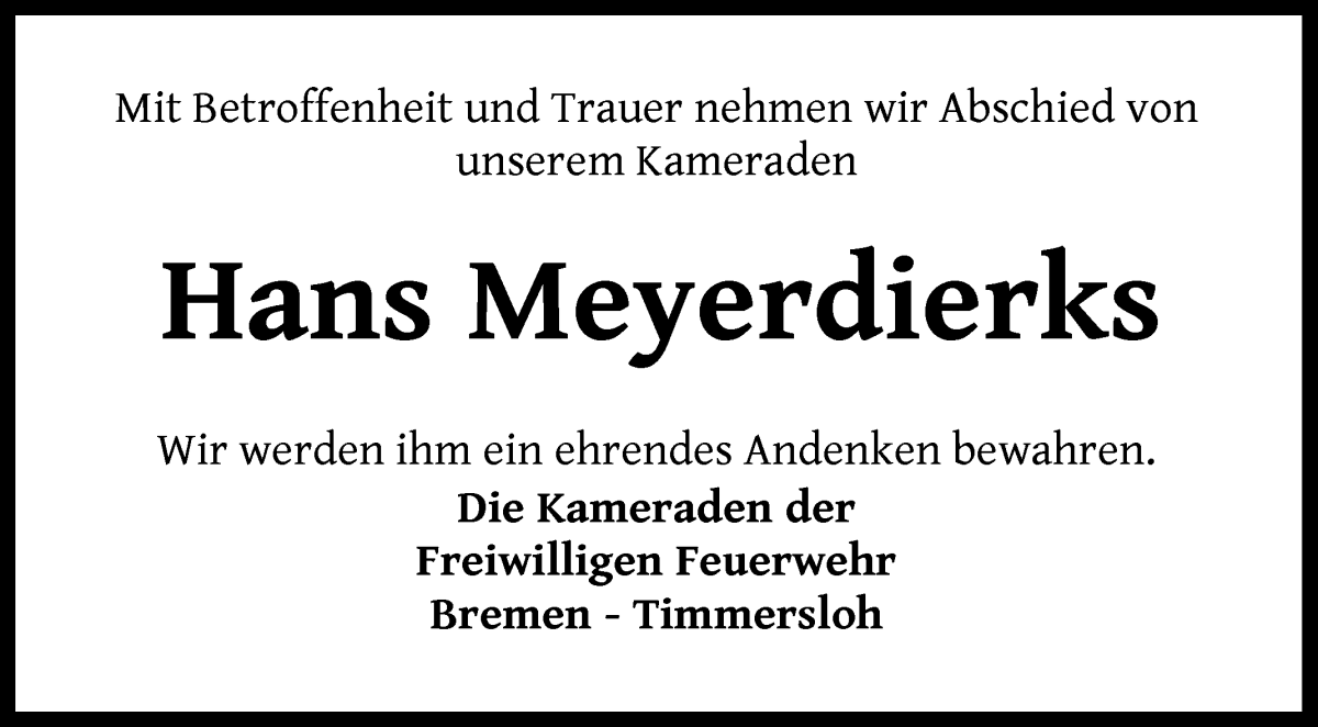 Traueranzeigen von Hans Meyerdierks | Trauer & Gedenken