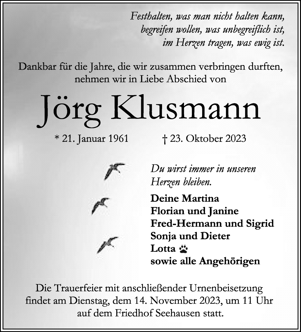 Traueranzeige von Heinz Jörg Klusmann von WESER-KURIER