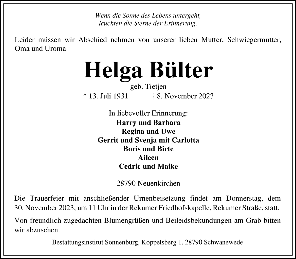 Traueranzeige von Helga Bülter von Die Norddeutsche