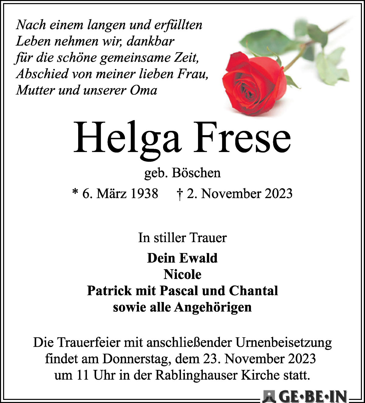  Traueranzeige für Helga Frese vom 11.11.2023 aus WESER-KURIER