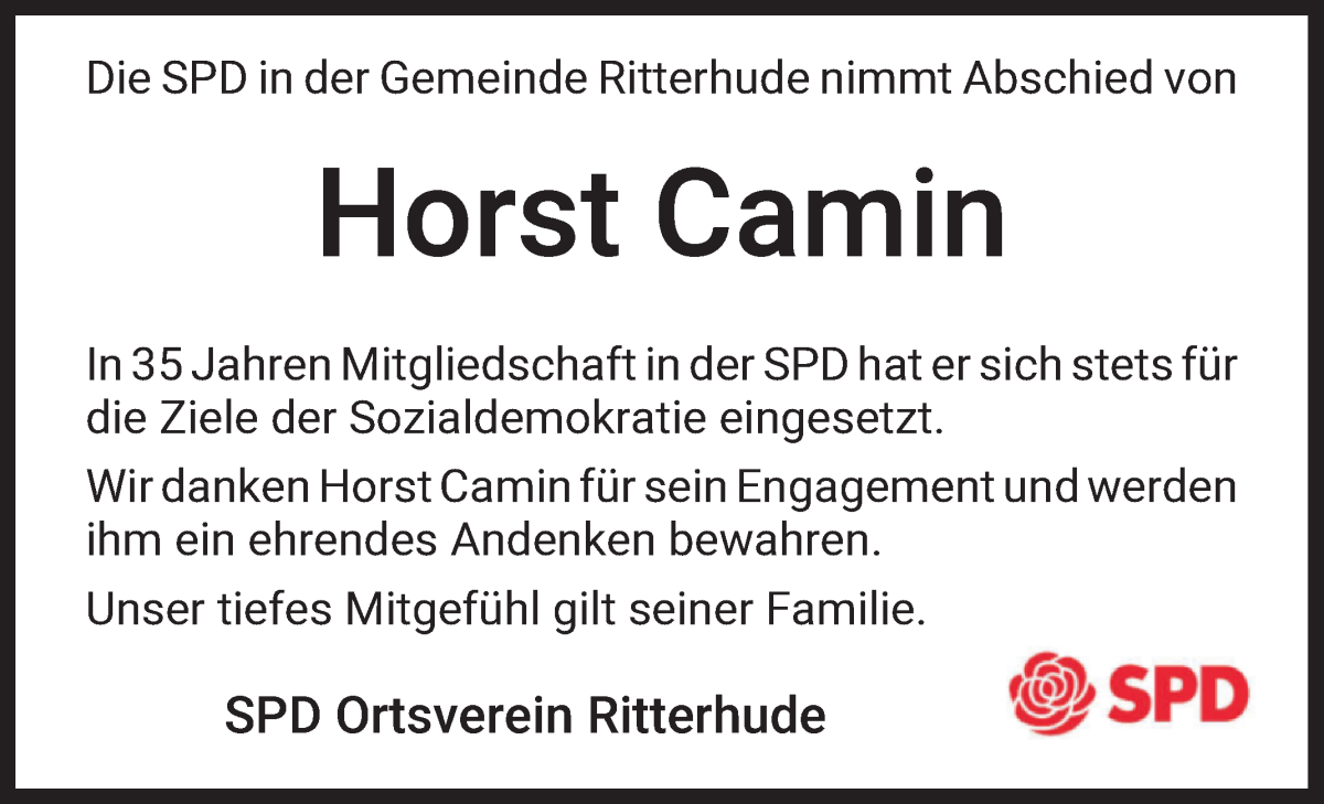 Traueranzeige von Horst Camin von Die Norddeutsche