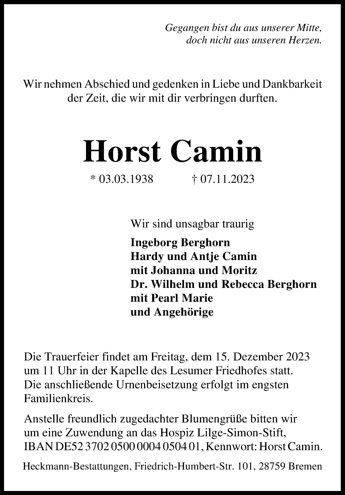 Traueranzeige von Horst Camin von WESER-KURIER