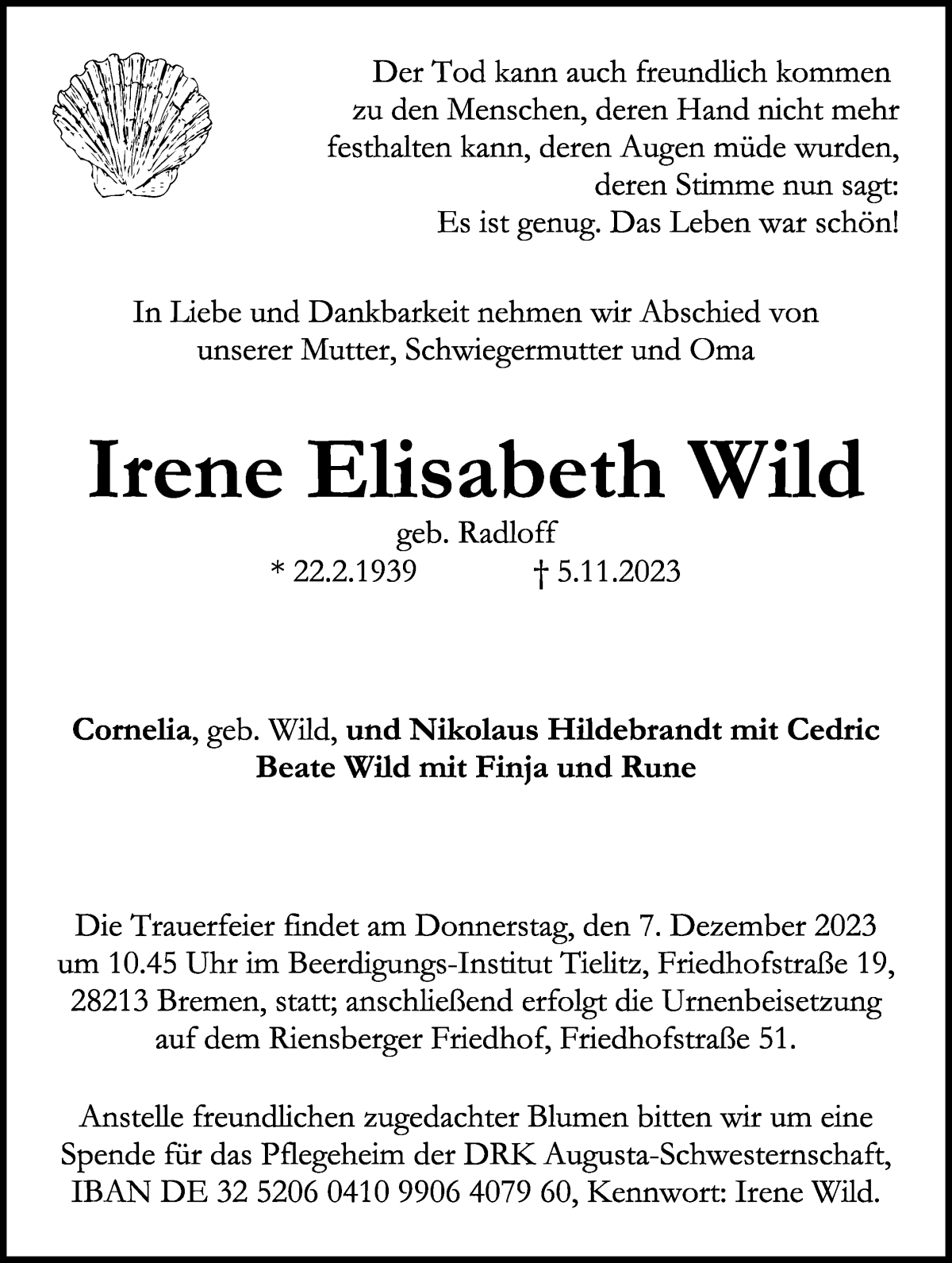 Traueranzeige von Irene Elisabeth Wild von WESER-KURIER