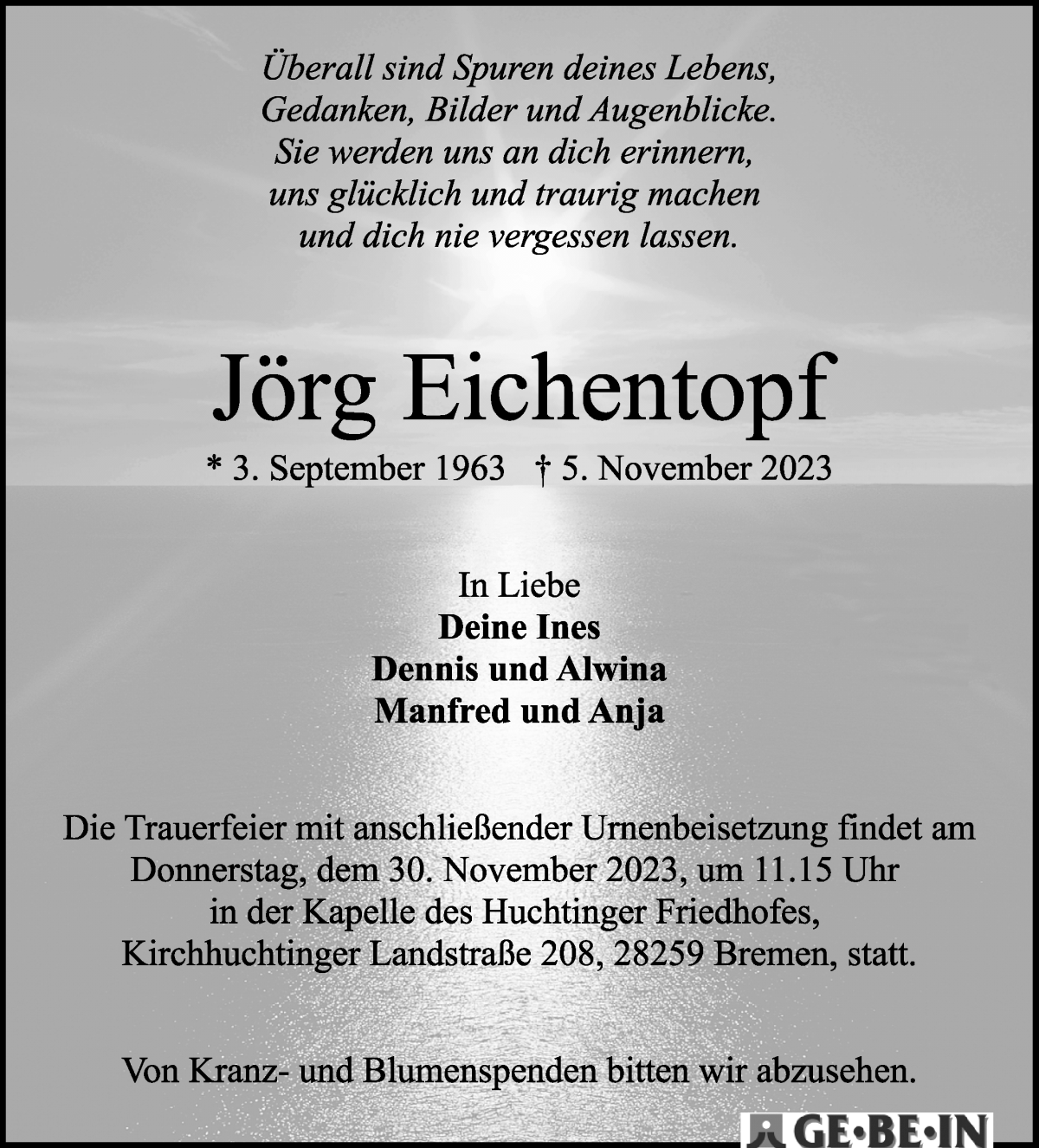  Traueranzeige für Jörg Eichentopf vom 18.11.2023 aus WESER-KURIER
