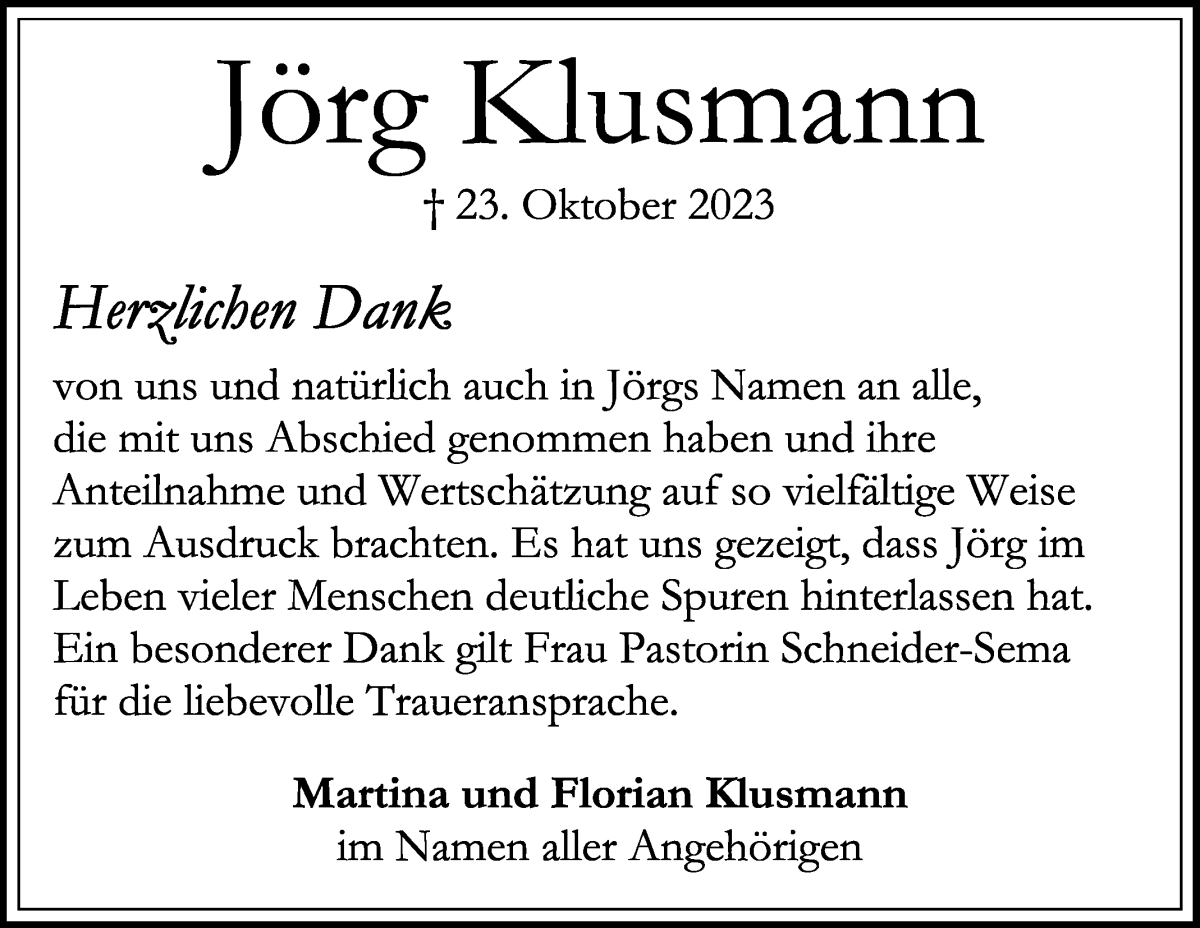 Traueranzeige von Jörg Klusmann von WESER-KURIER