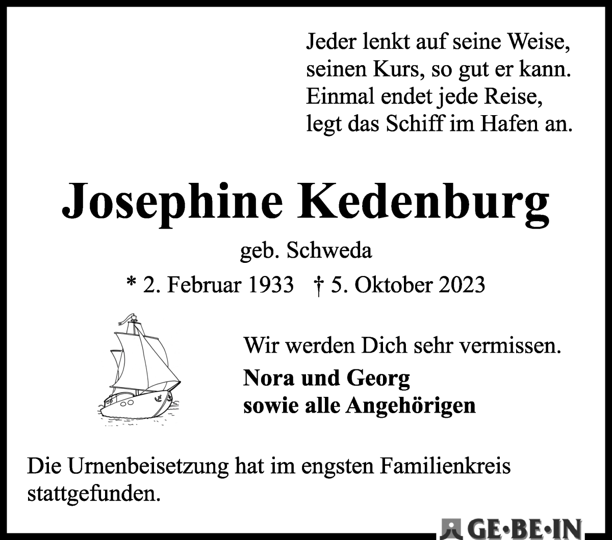 Traueranzeige von Josephine Kedenburg von WESER-KURIER