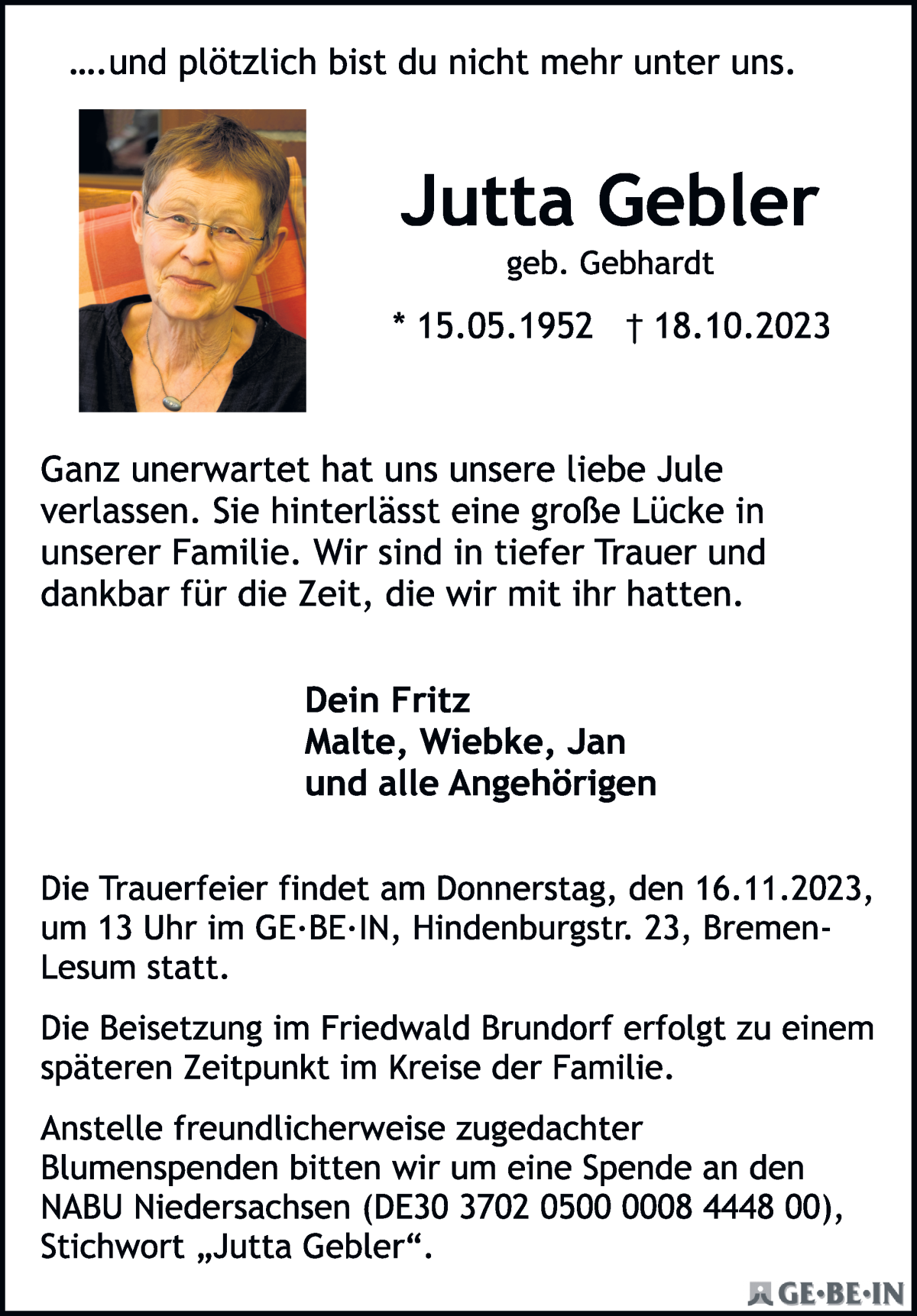  Traueranzeige für Jutta Gebler vom 11.11.2023 aus WESER-KURIER