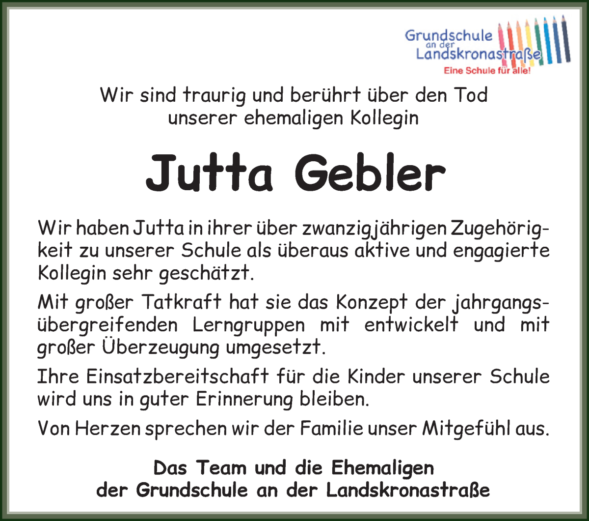 Traueranzeige von Jutta Gebler von Die Norddeutsche