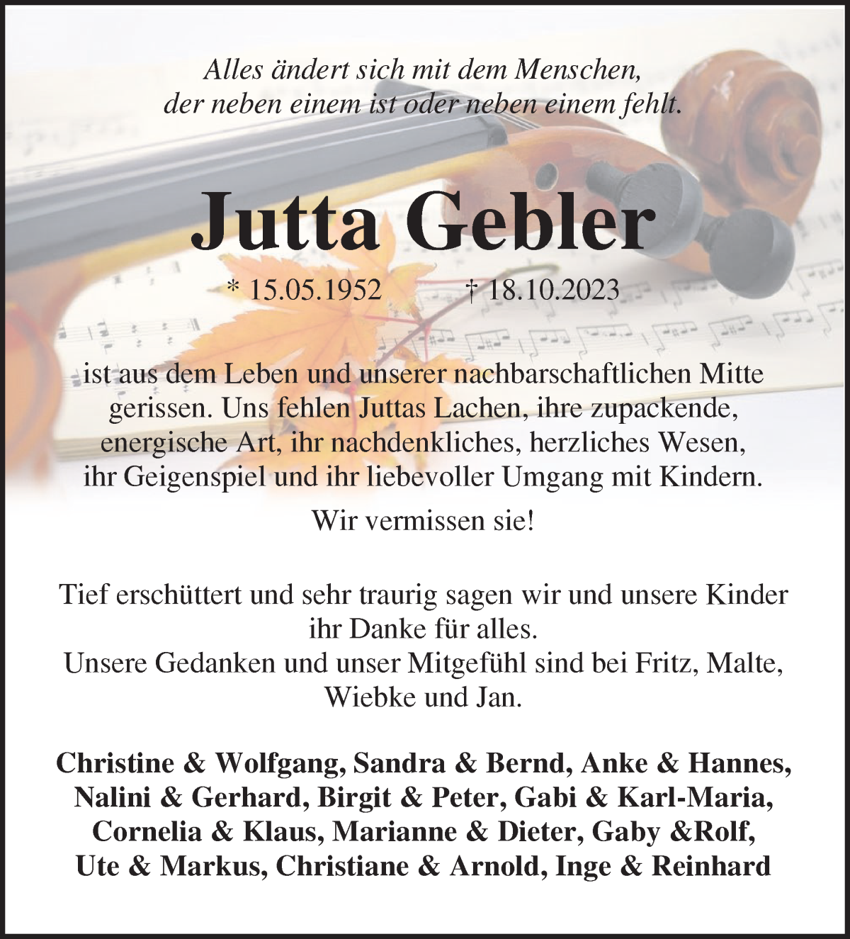 Traueranzeige von Jutta Gebler von WESER-KURIER