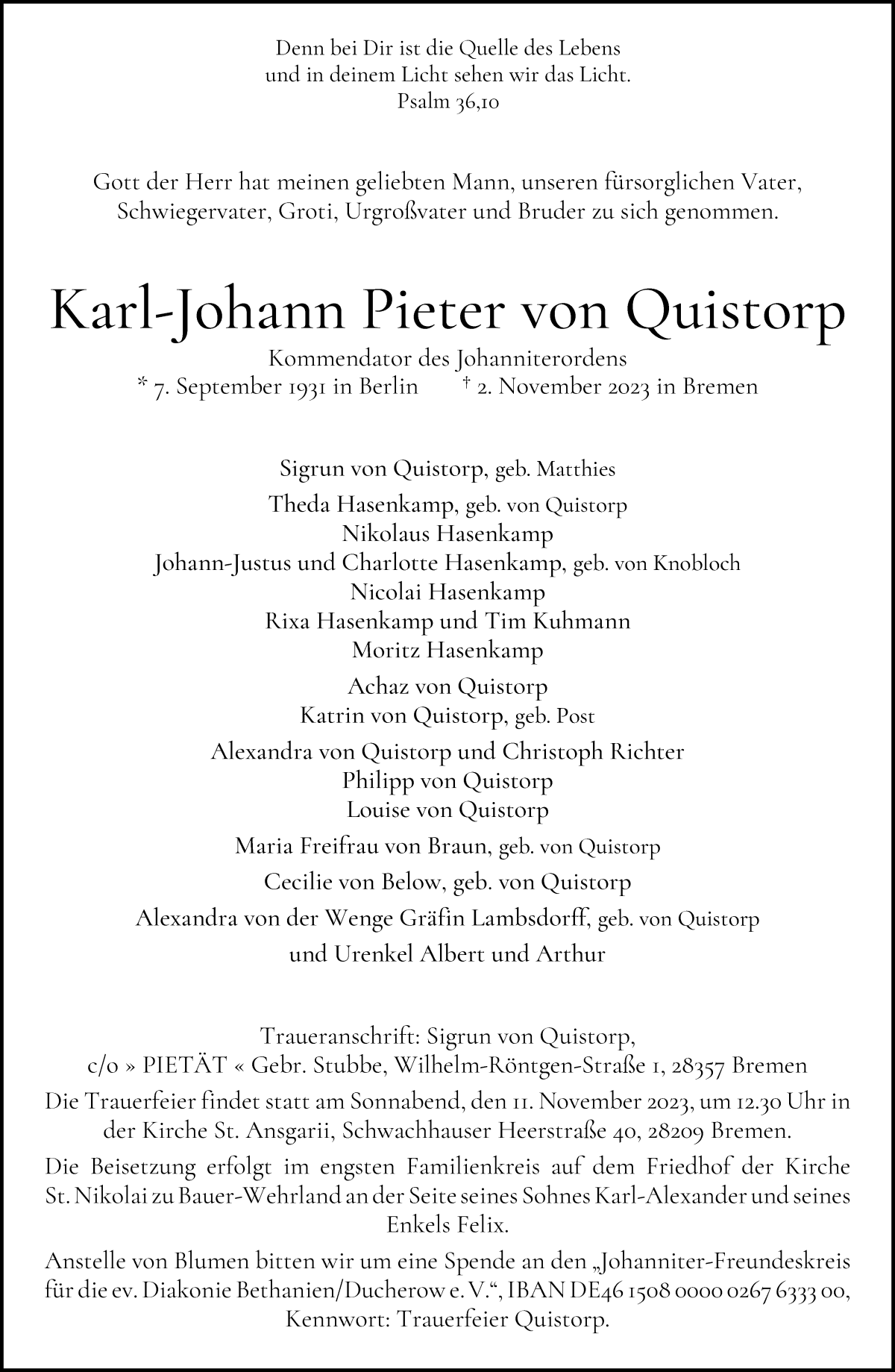 Traueranzeige von Karl-Johann Pieter von Quistorp von WESER-KURIER