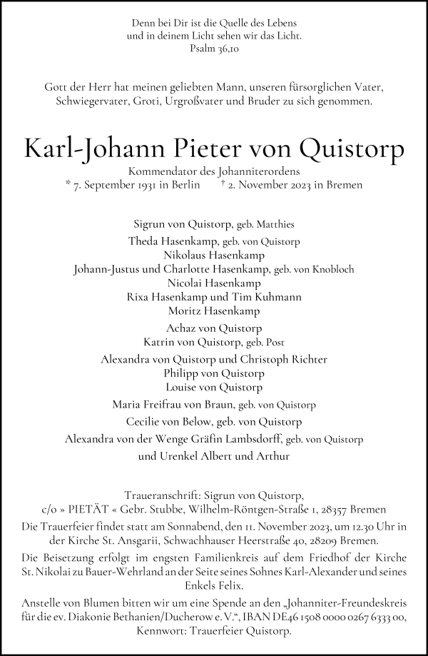 Traueranzeige von Karl-Johann Pieter von Quistorp