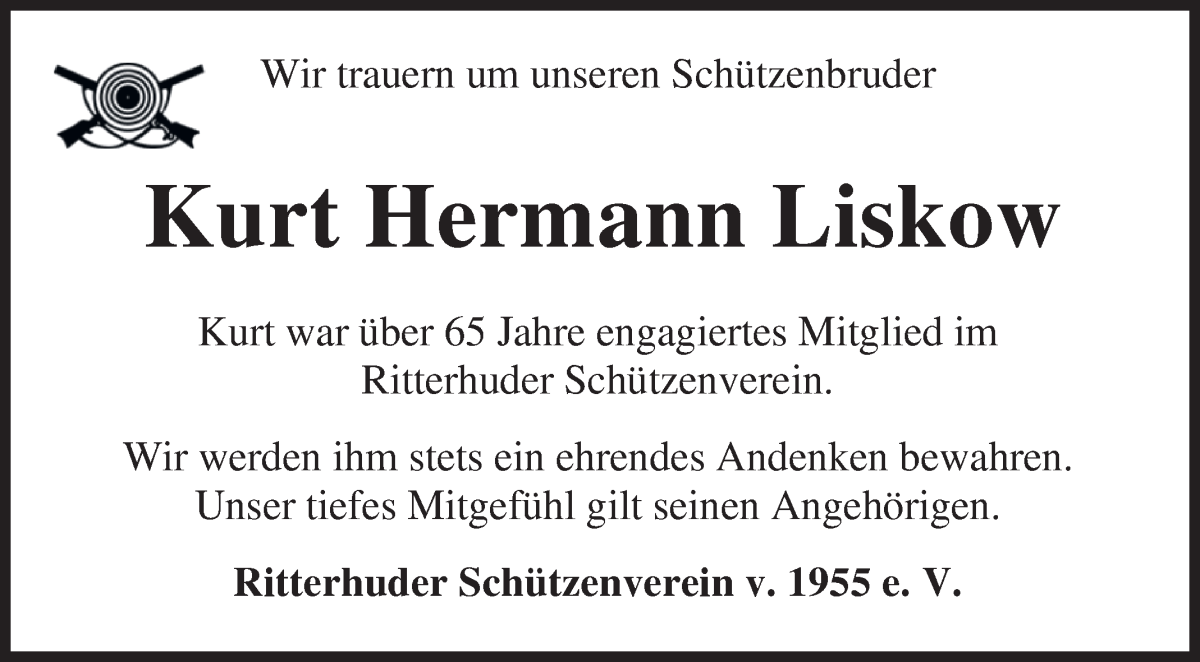 Traueranzeige von Kurt Hermann Liskow von Osterholzer Kreisblatt