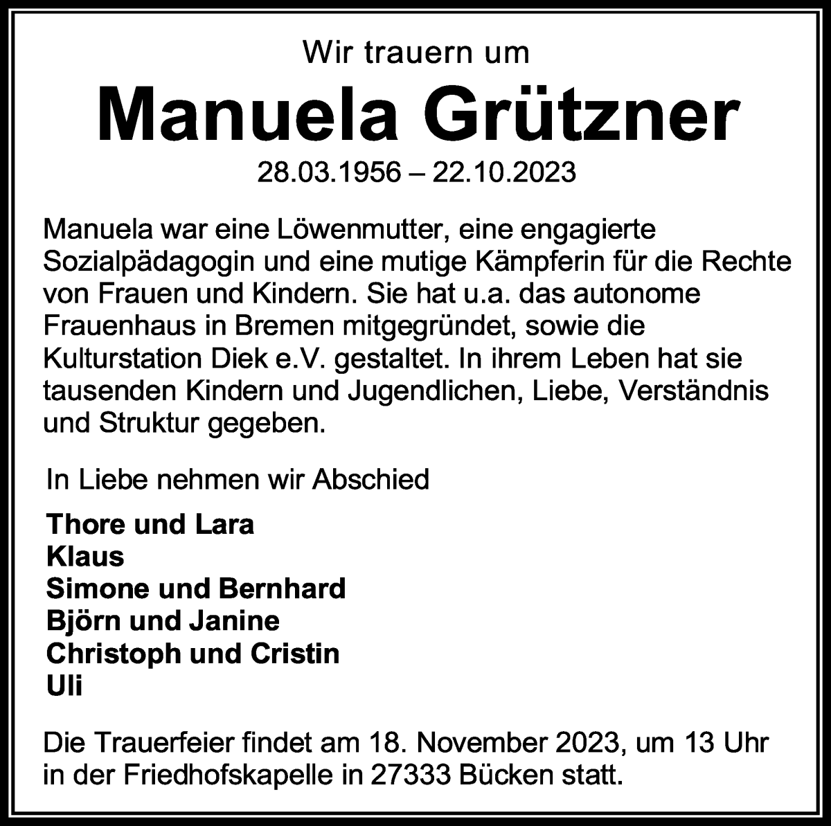  Traueranzeige für Manuela Grützner vom 11.11.2023 aus WESER-KURIER
