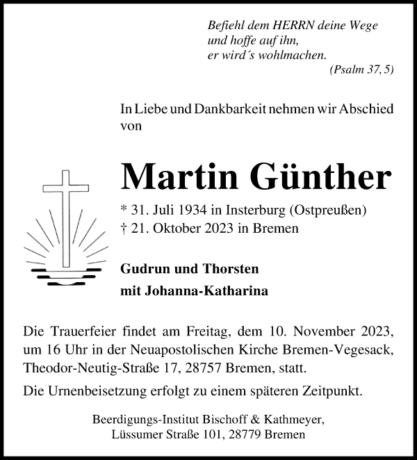 Traueranzeige von Martin Günther von WESER-KURIER