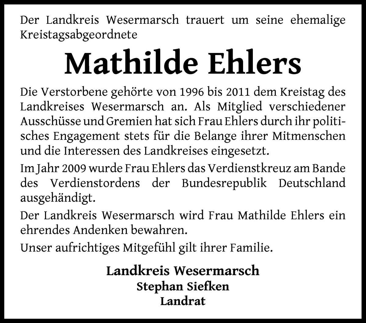 Traueranzeige von Mathilde Ehlers von Die Norddeutsche