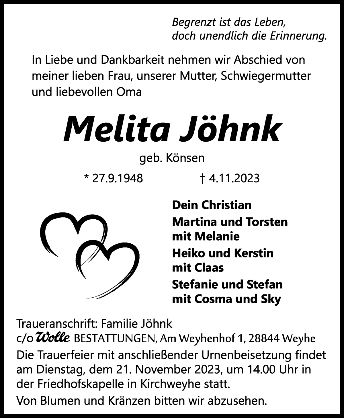  Traueranzeige für Melita Jöhnk vom 11.11.2023 aus WESER-KURIER