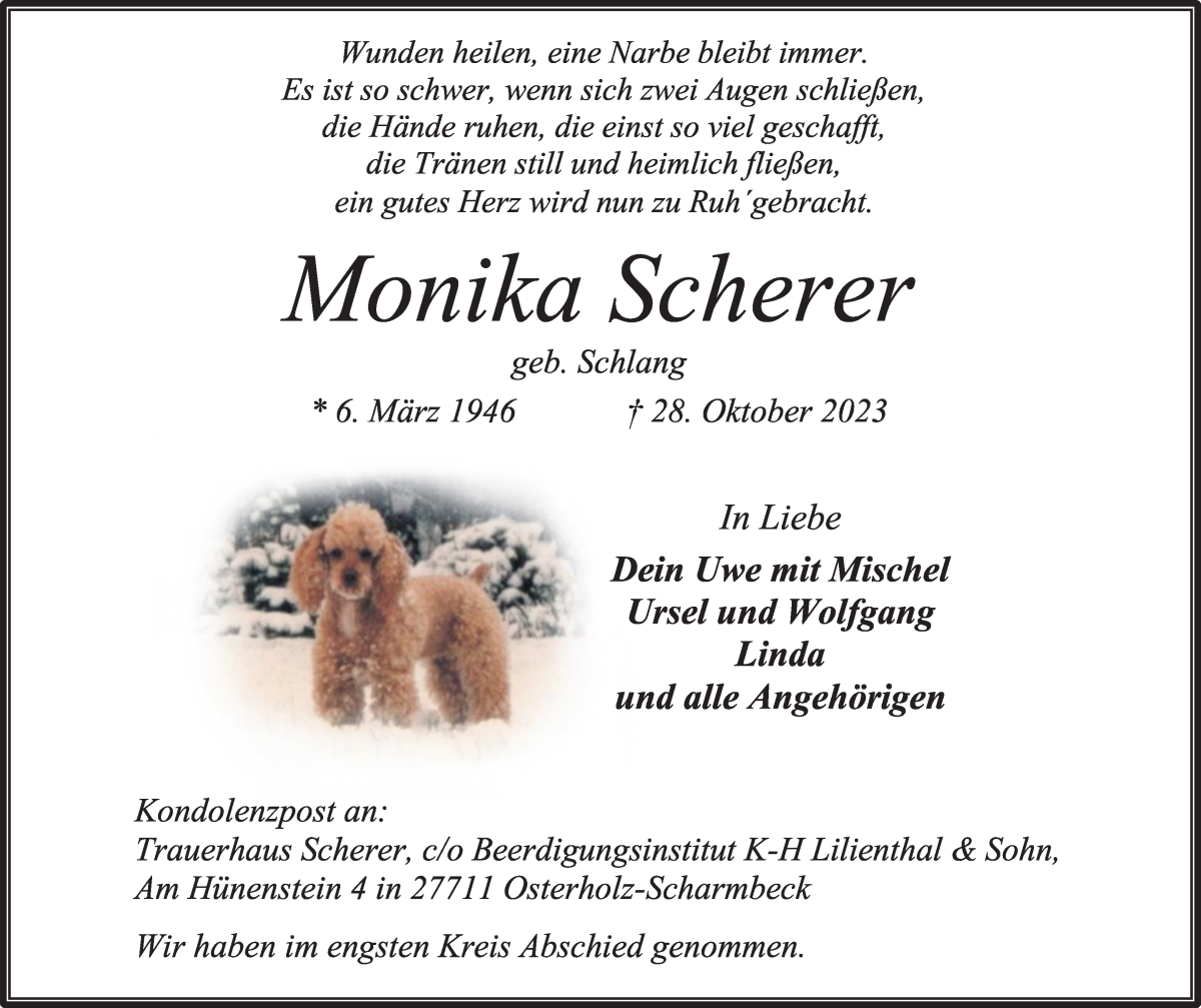  Traueranzeige für Monika Scherer vom 11.11.2023 aus Osterholzer Kreisblatt