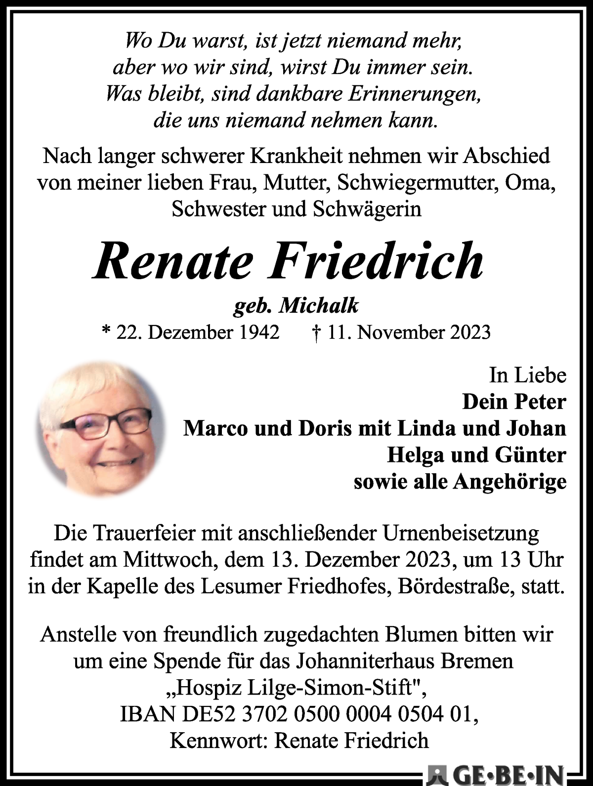 Traueranzeige von Renate Friedrich von WESER-KURIER
