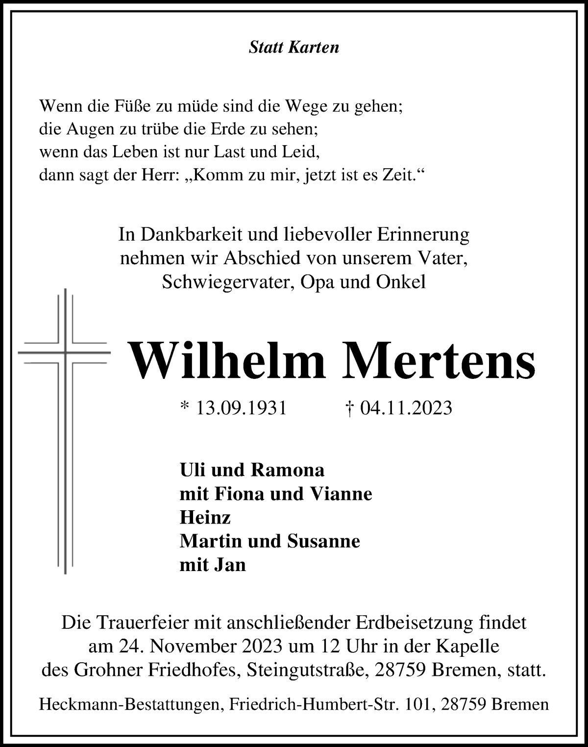 Traueranzeige von Wilhelm Mertens von WESER-KURIER