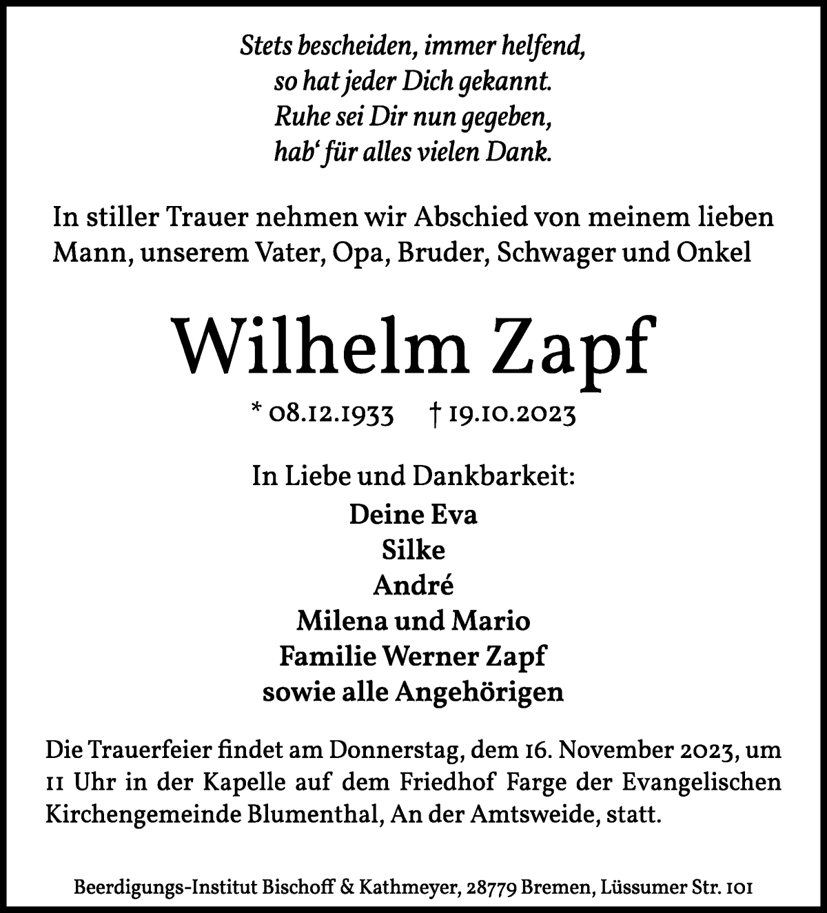 Traueranzeige von Wilhelm Zapf von Die Norddeutsche