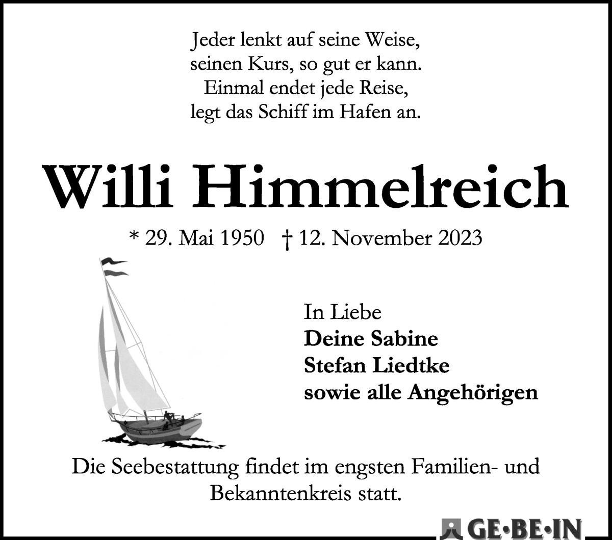 Traueranzeige von Willi Himmelreich von Wuemme Zeitung