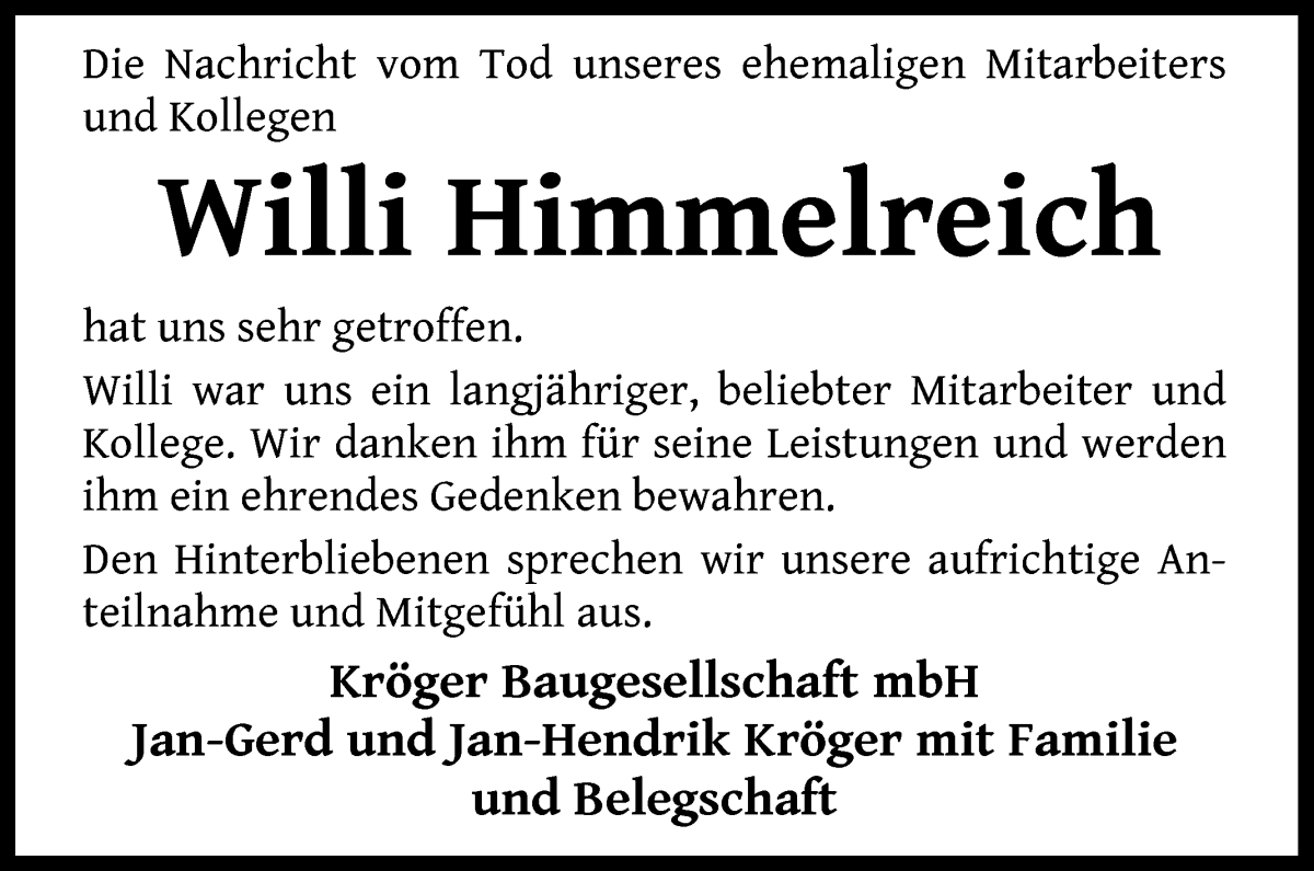 Traueranzeige von Willi Himmelreich von Die Norddeutsche