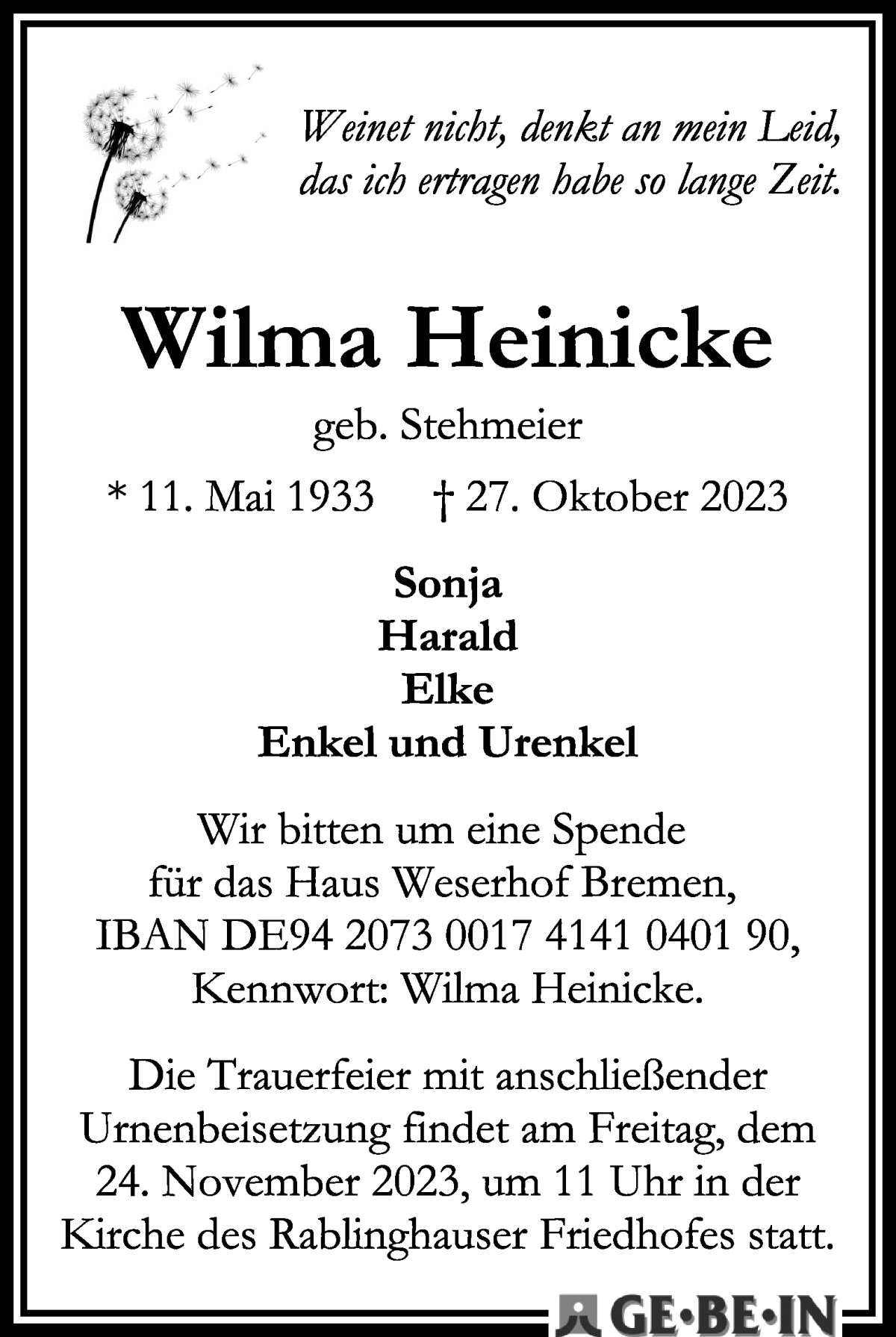 Traueranzeige von Wilma Heinicke von WESER-KURIER
