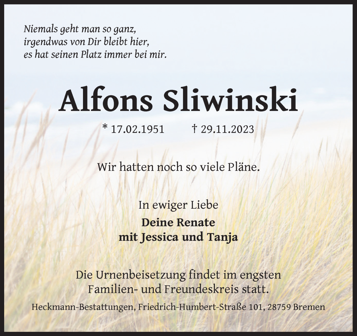 Traueranzeige von Alfons Sliwinski von Die Norddeutsche