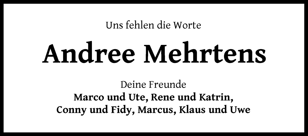  Traueranzeige für Andree Mehrtens vom 15.12.2023 aus Wuemme Zeitung