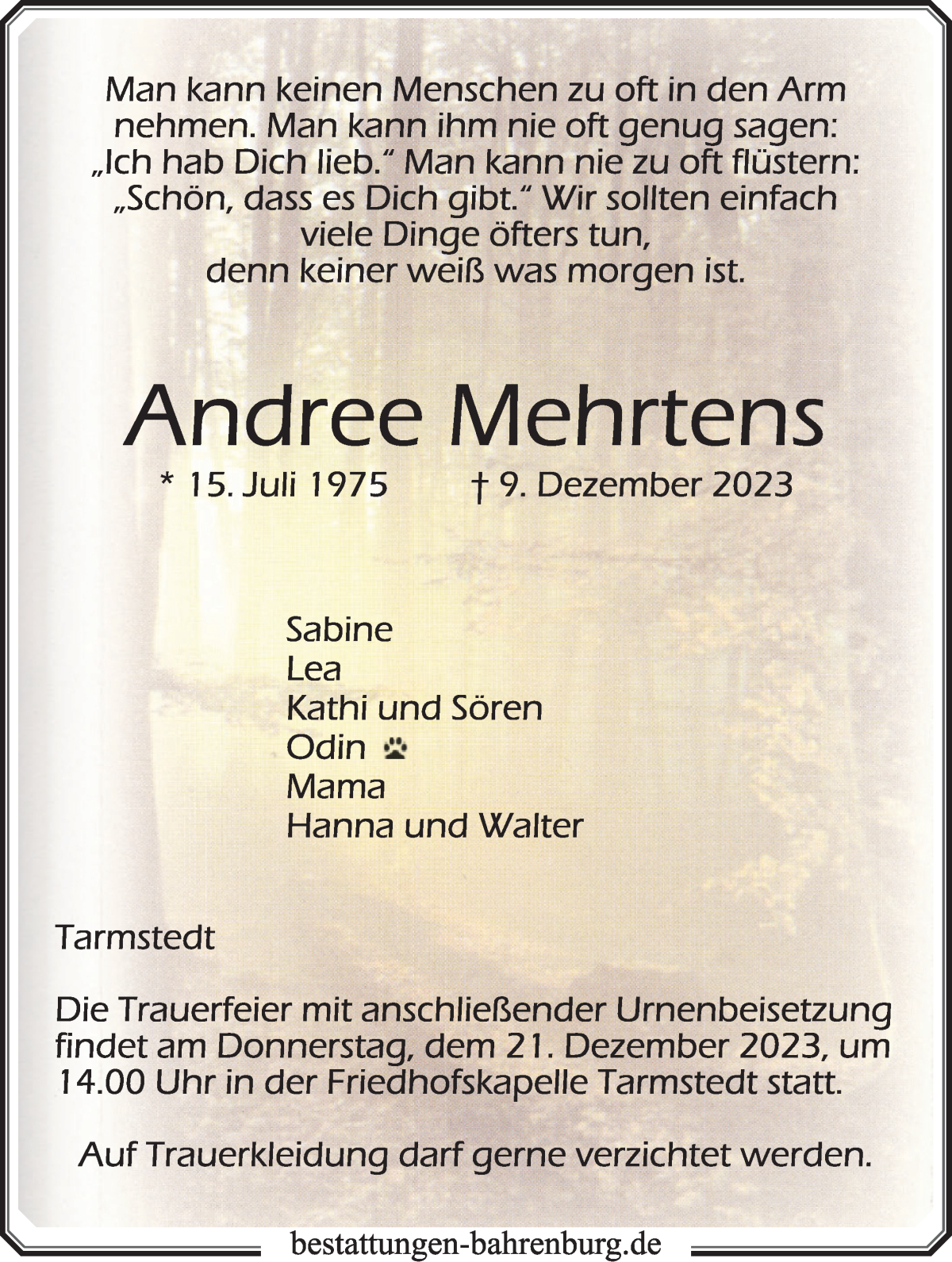  Traueranzeige für Andree Mehrtens vom 15.12.2023 aus Wuemme Zeitung