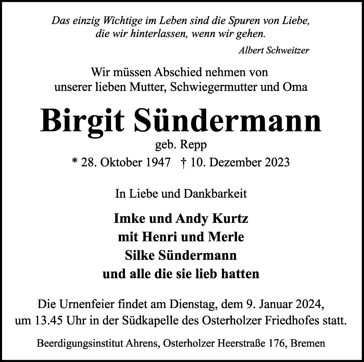 Traueranzeige von Birgit Sündermann von WESER-KURIER
