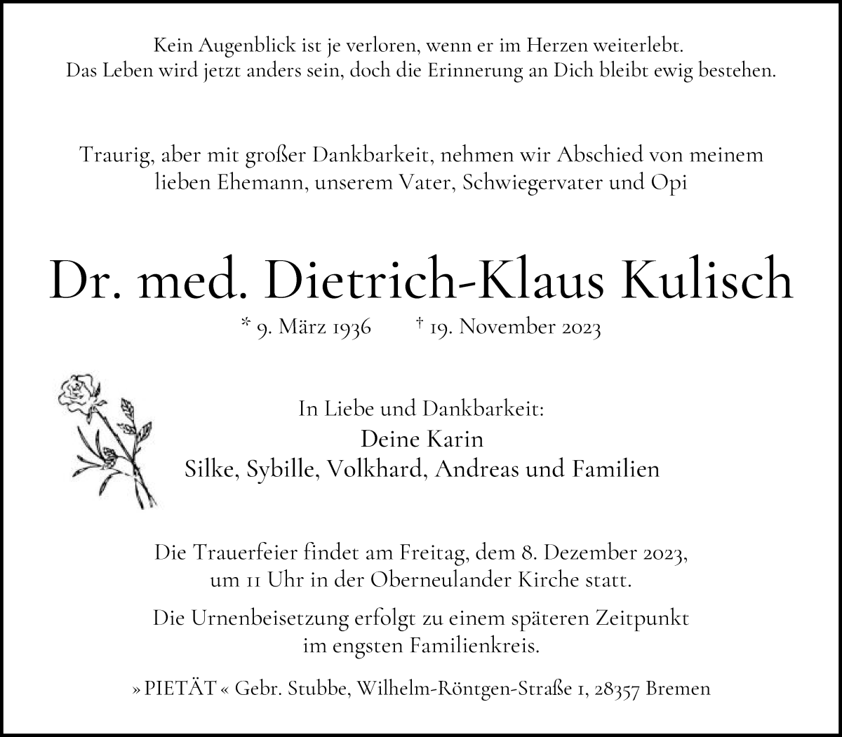 Traueranzeige von Dietrich-Klaus Kulisch von WESER-KURIER