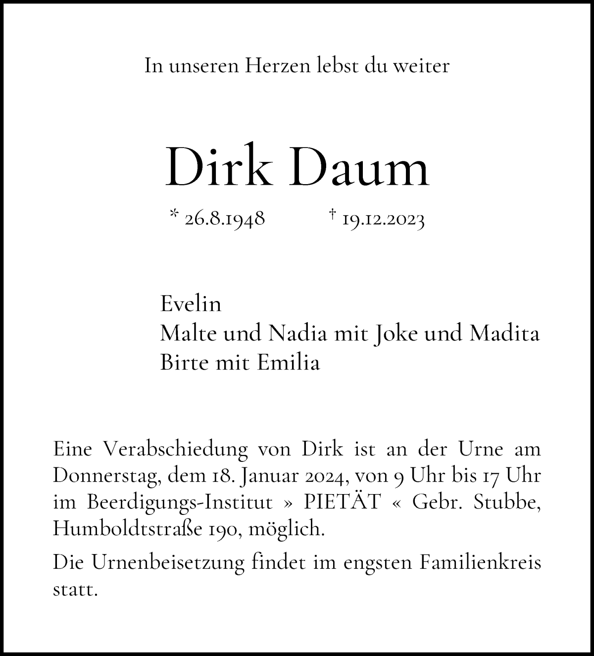 Traueranzeige von Dirk Daum von WESER-KURIER