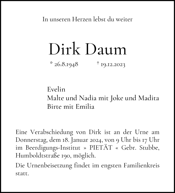 Traueranzeige von Dirk Daum