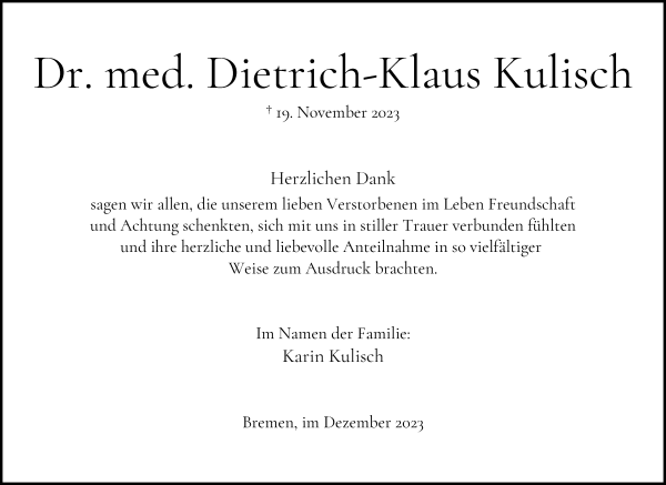 Traueranzeige von Dr. med. Dietrich-Klaus Kulisch