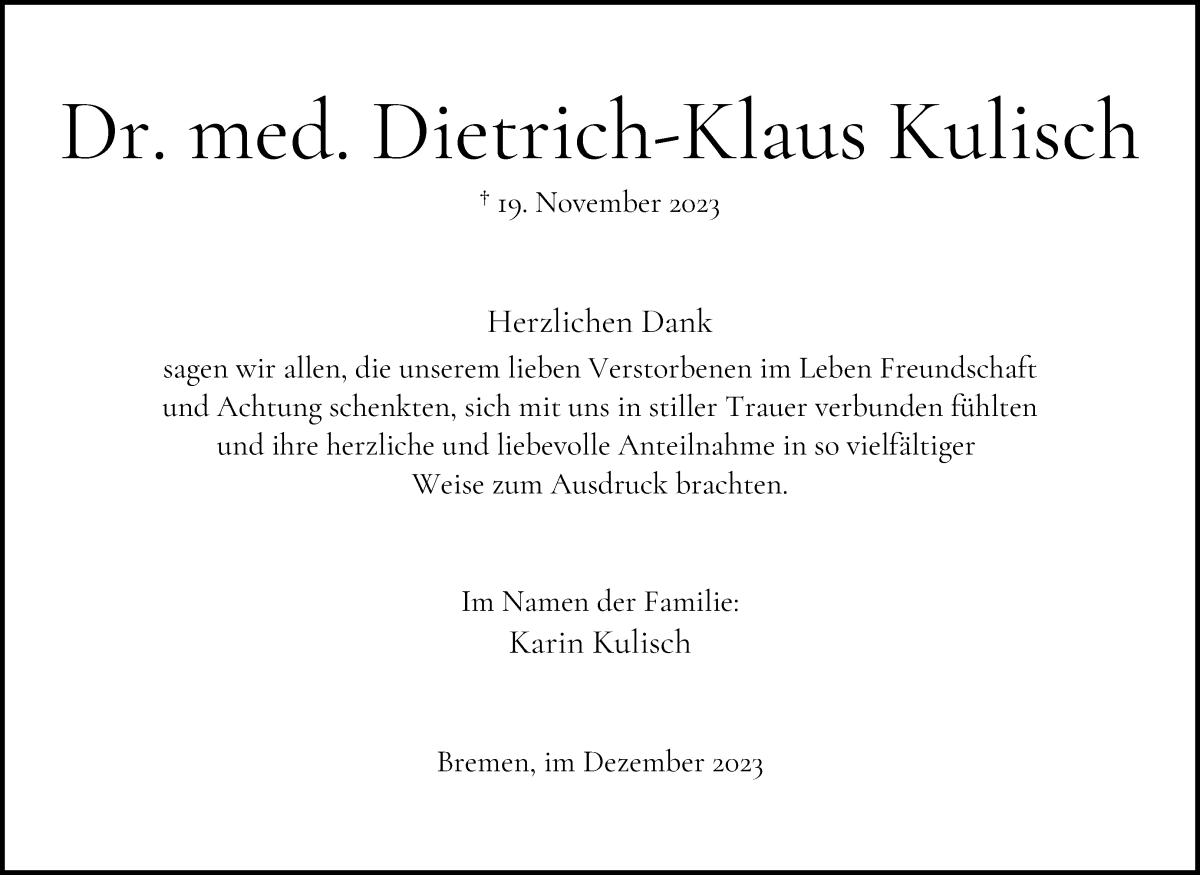Traueranzeige von Dr. med. Dietrich-Klaus Kulisch von WESER-KURIER
