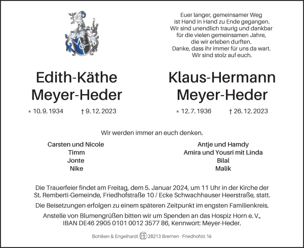 Traueranzeige von Edith-Käthe und Klaus-Hermann Meyer-Heder
