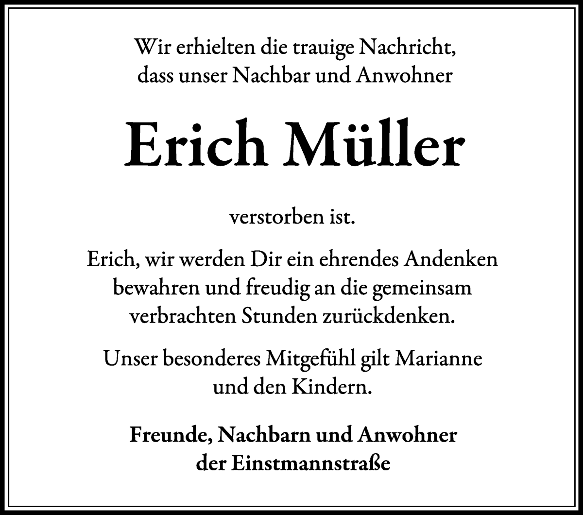 Traueranzeige von Erich Müller von Wuemme Zeitung