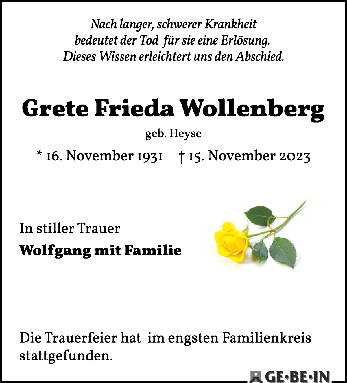 Traueranzeige von Grete Frieda Wollenberg von Die Norddeutsche