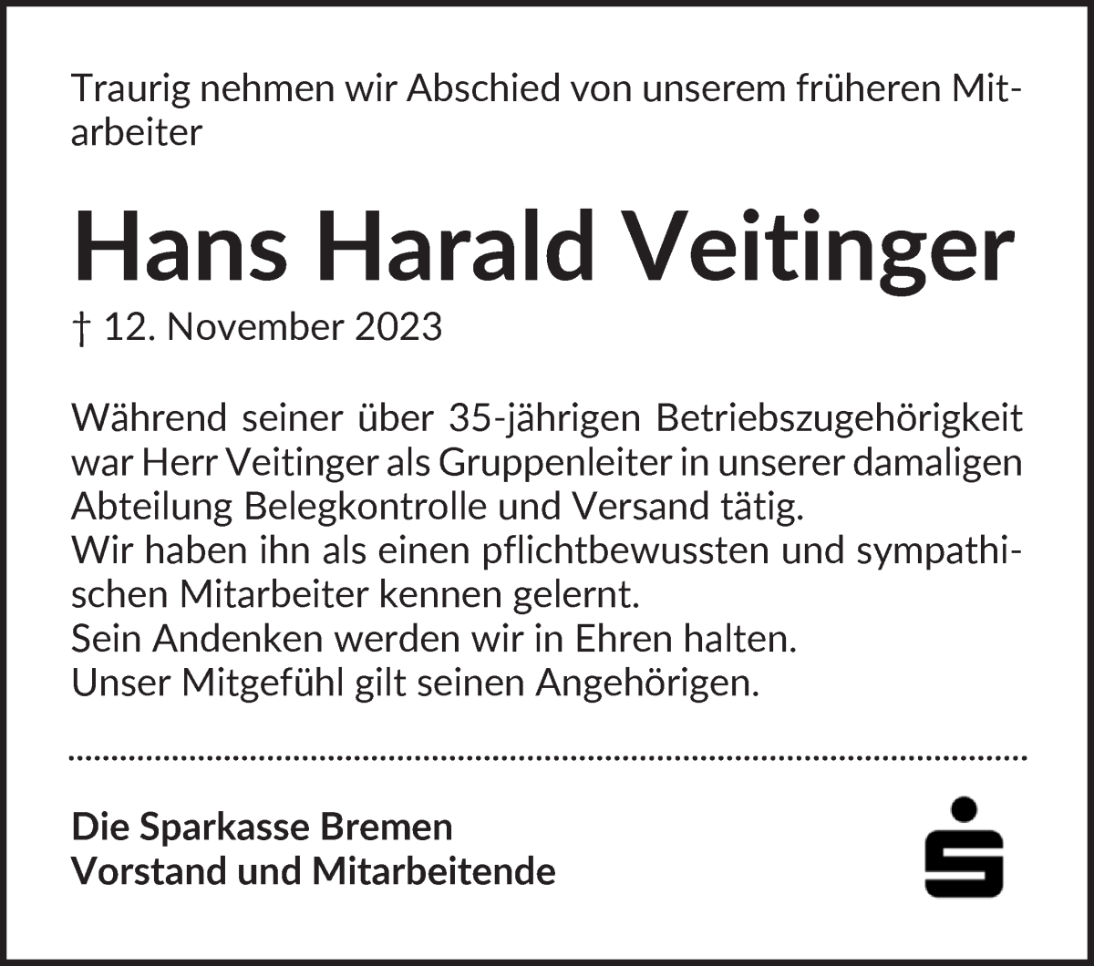 Traueranzeige von Hans Harald Veitinger von WESER-KURIER
