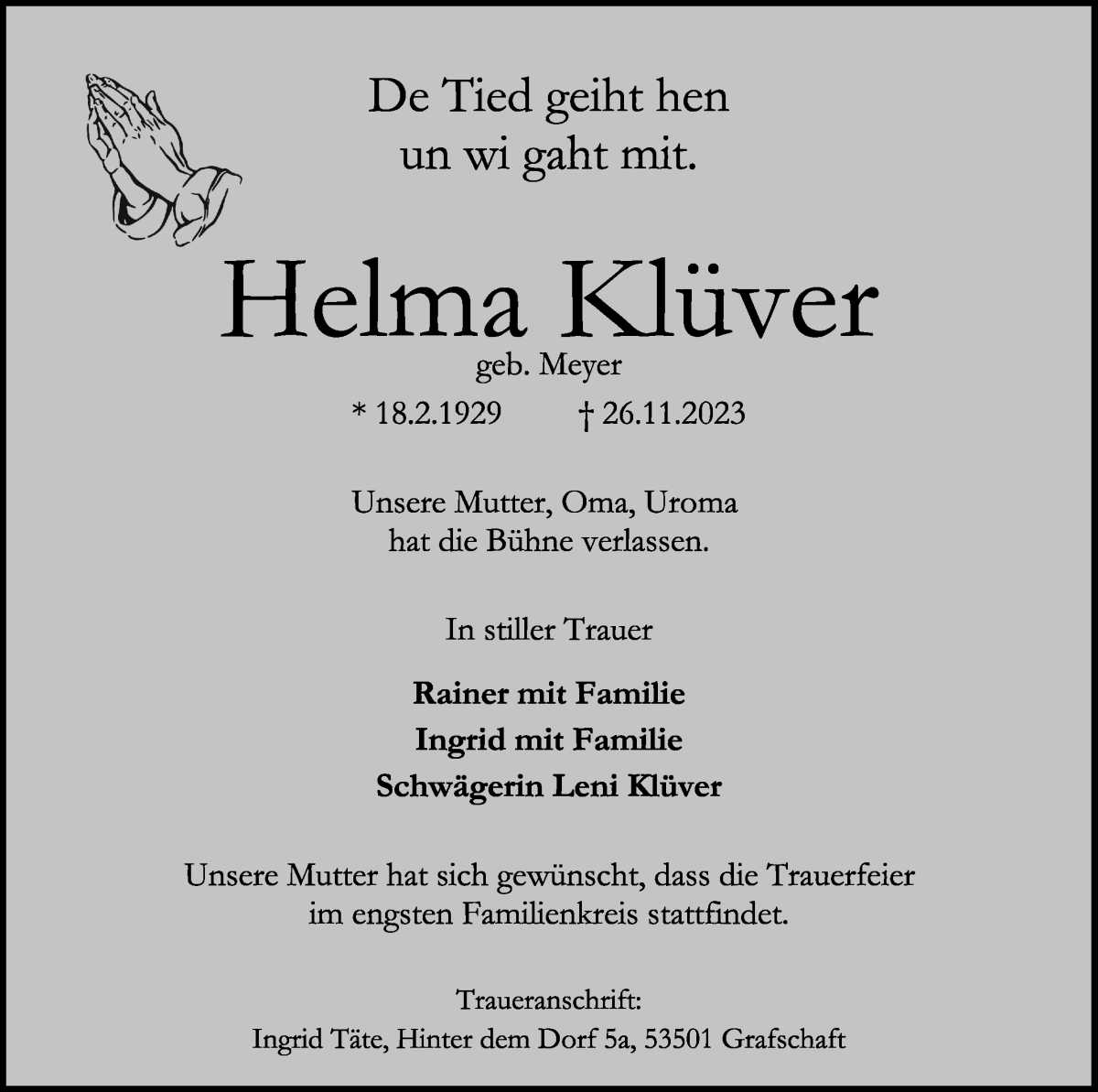 Traueranzeige von Helma Klüver von WESER-KURIER
