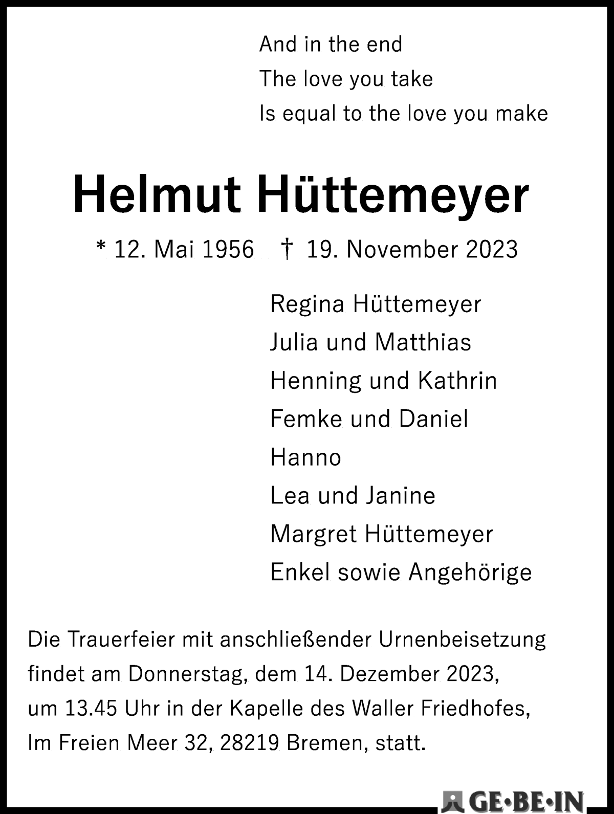  Traueranzeige für Helmut Hüttemeyer vom 09.12.2023 aus WESER-KURIER