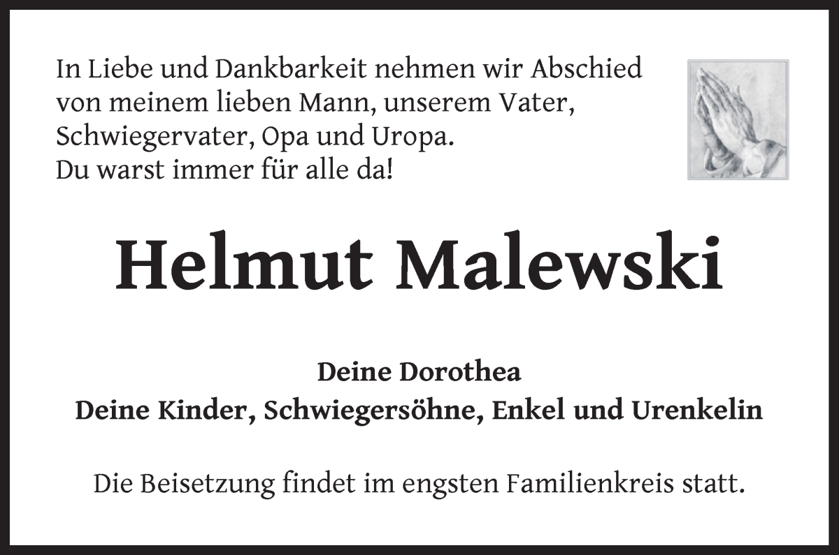 Traueranzeige von Helmut Malewski von WESER-KURIER