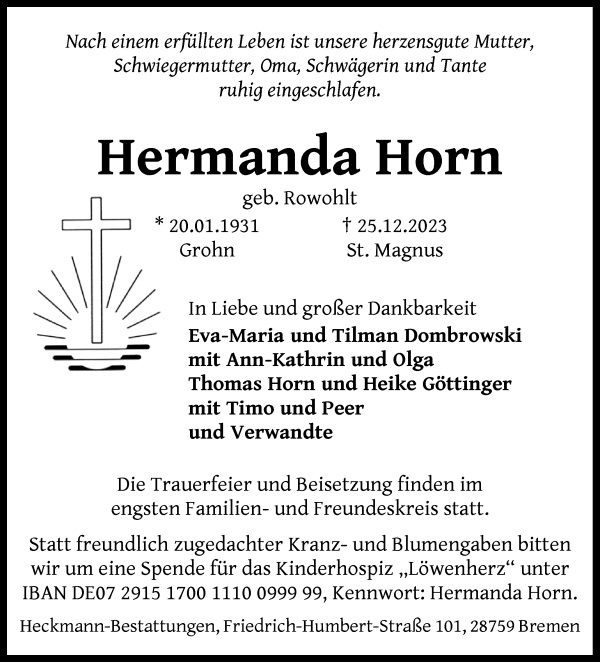 Traueranzeige von Hermanda Horn von Die Norddeutsche