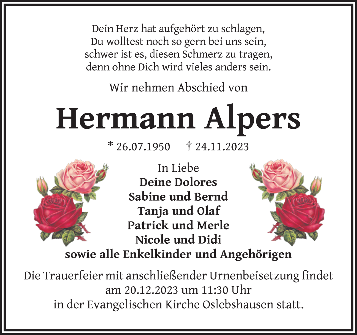  Traueranzeige für Hermann Alpers vom 16.12.2023 aus WESER-KURIER