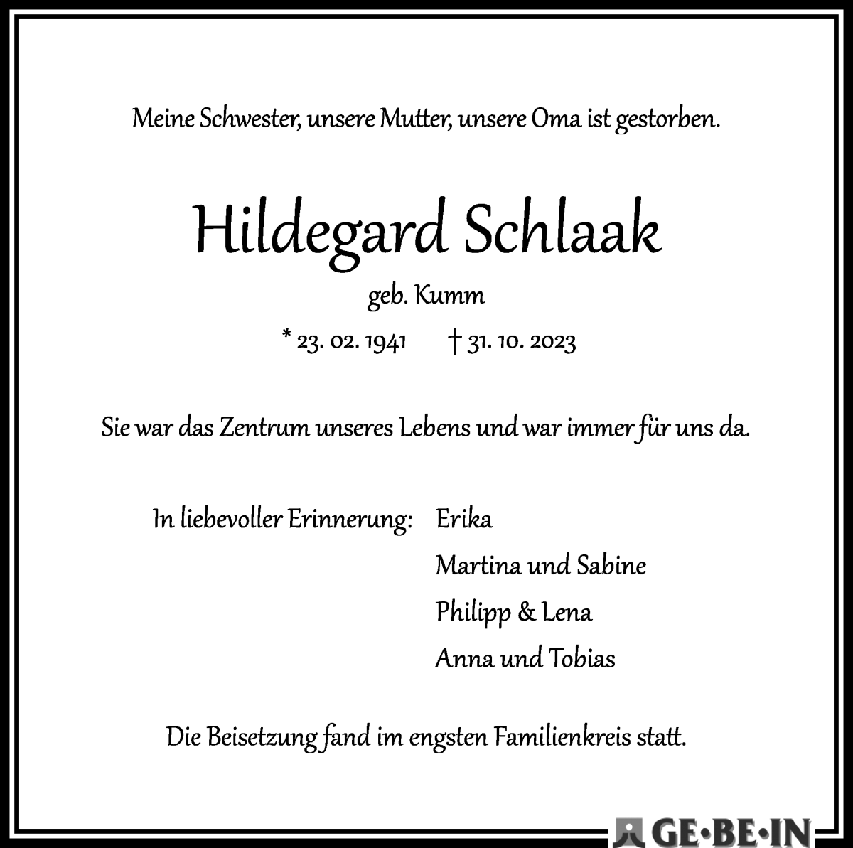  Traueranzeige für Hildegard Schlaak vom 02.12.2023 aus WESER-KURIER